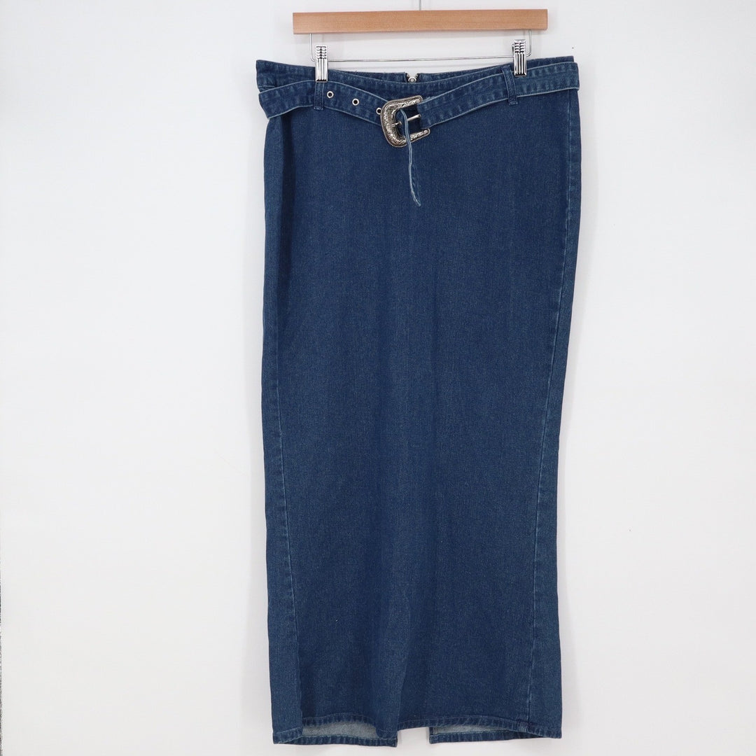 PrettyLittleThing Denim Skirt Womens 8 Maxi Western Belted Blue Slit Excellent