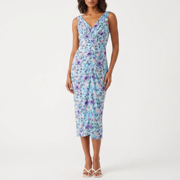 Dee Elly Floral Twist Front Strapless Midi Dress Aqua Purple Large