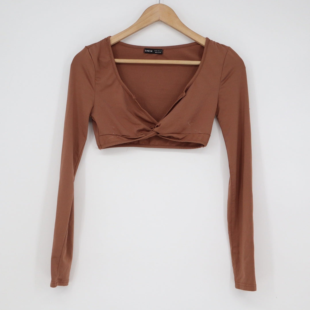SHEIN Rust Brown Twist Front Long Sleeve Crop Top V-Neck XS