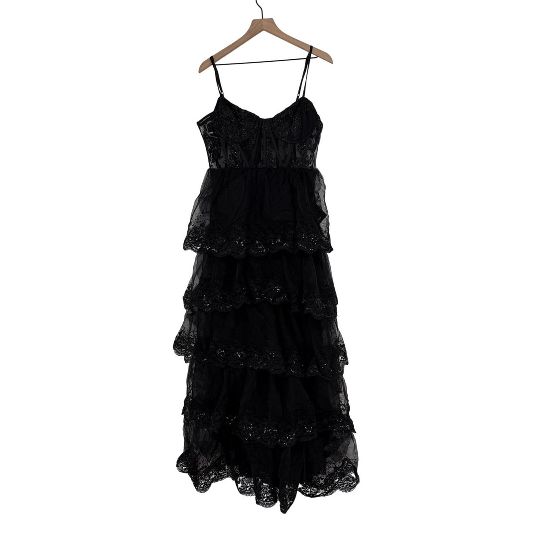 Lulus Alluring Sensation Black Tulle Embroidered Tiered Maxi Dress Size XL