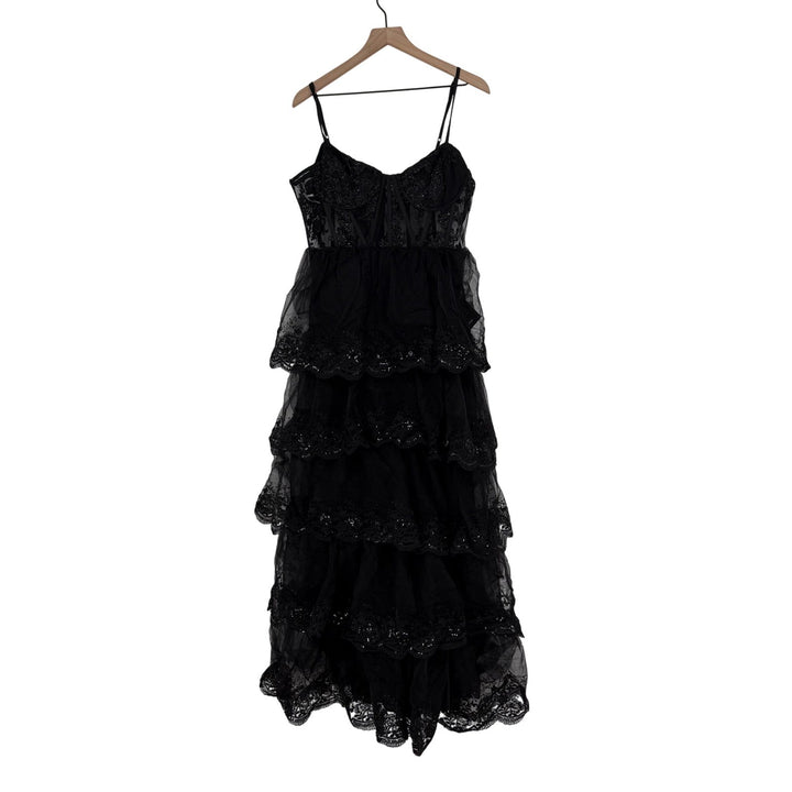 Lulus Alluring Sensation Black Tulle Embroidered Tiered Maxi Dress Size XL