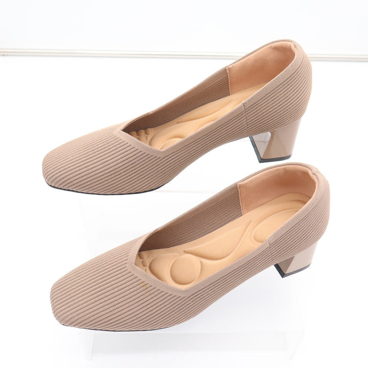 Taupe Ribbed Knit Block Heel Pumps Square Toe Comfort Insole Size 41