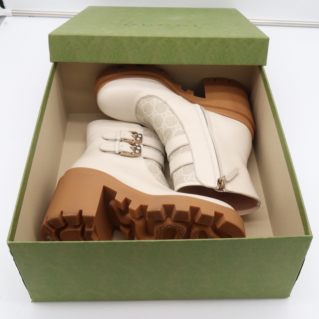 Gucci GG Supreme Leather Lug Sole Platform Buckle Ankle Boots White 38.5