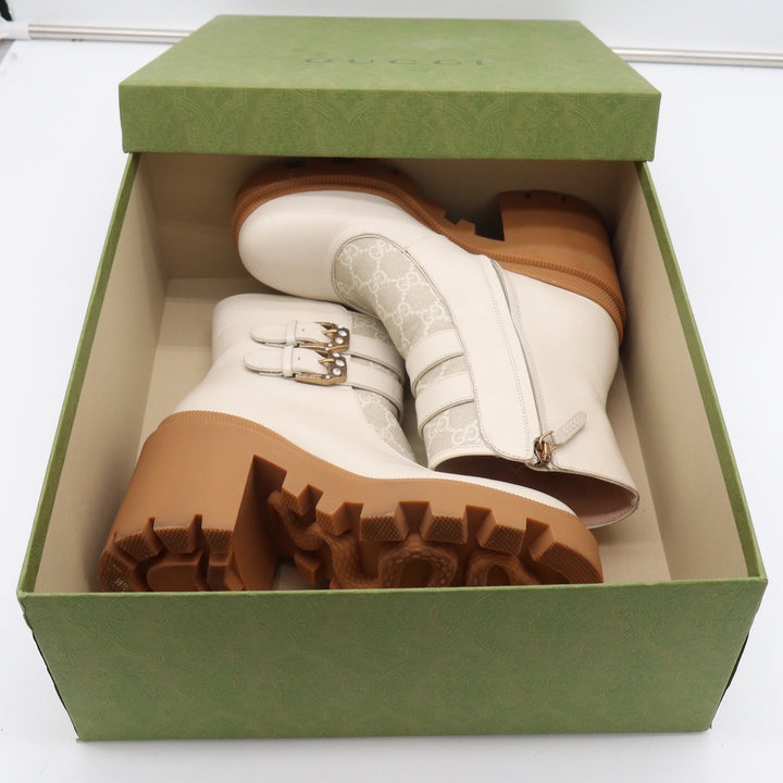 Gucci GG Supreme Leather Lug Sole Platform Buckle Ankle Boots White 38.5