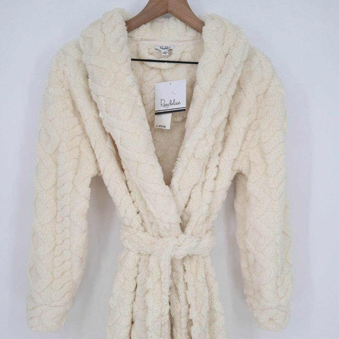 Roudelain Wrap Bathrobe Womens S White Fleece Cable Knit Shawl Collar Belt Waist