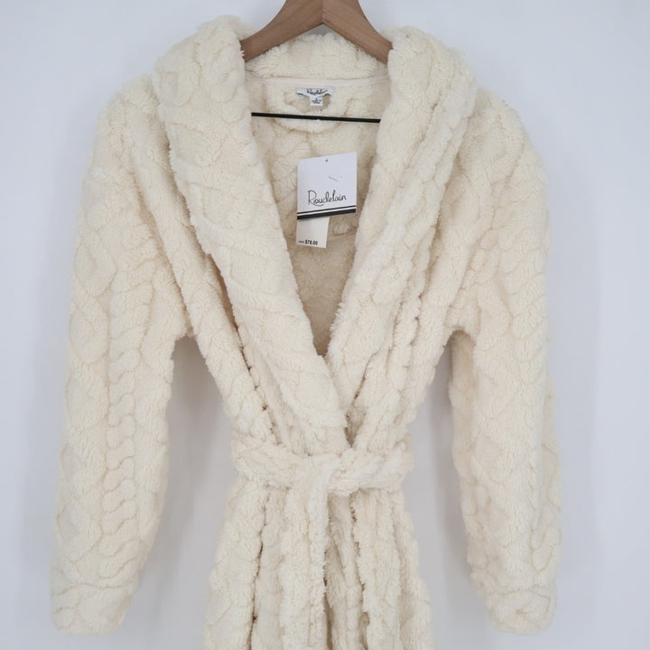 Roudelain Wrap Bathrobe Womens S White Fleece Cable Knit Shawl Collar Belt Waist