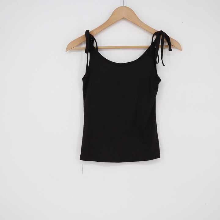 Brit & Bri Tank Top Womens S Tie Shoulder Black Solid Sleeveless Excellent