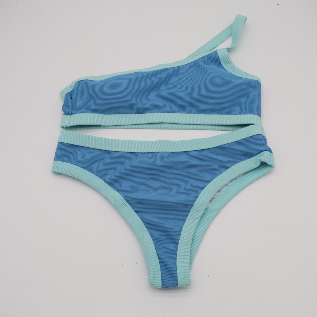 2 Piece Swimwear Bikini Set Womens Small Blue Aqua Contrast Trim Stretch Ribbed