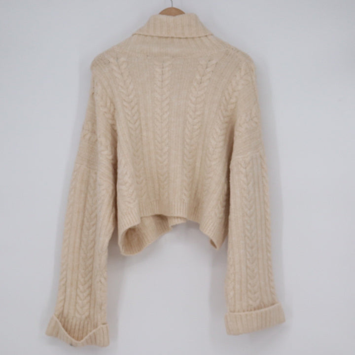 VICI Womens Cream Cable Knit Cropped Turtleneck Sweater Large