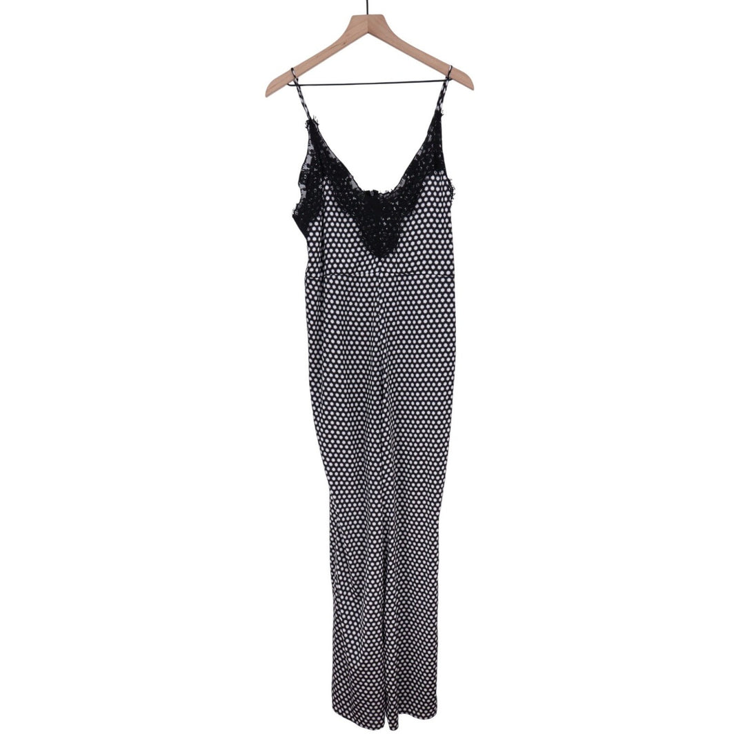 MARGOT JOSEPH Black White Polka Dot Lace Trim Jumpsuit Wide Leg L
