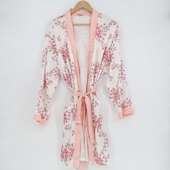 Morgan Lane x FabFitFun Floral Kimono Robe Pink White Rose Print L/XL Pockets