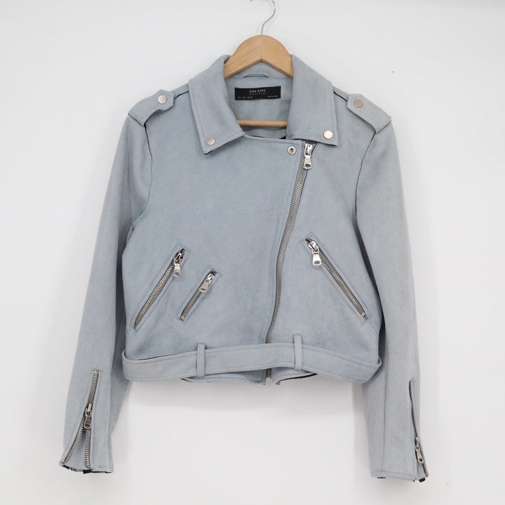 Zara Basic Light Blue Faux Suede Moto Biker Jacket Cropped Size L