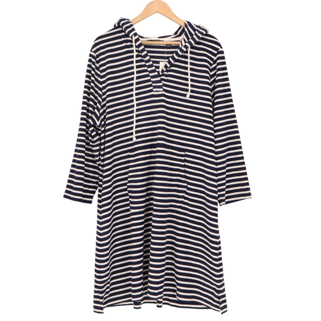 Lands' End Swim Cover-Up Womens XL Blue White Striped Terry Hooded Split Neck