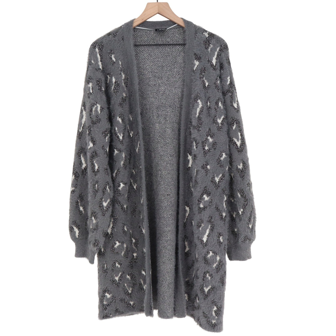 INC International Concepts Grey Cheetah Fuzzy Metallic Longline Cardigan Large