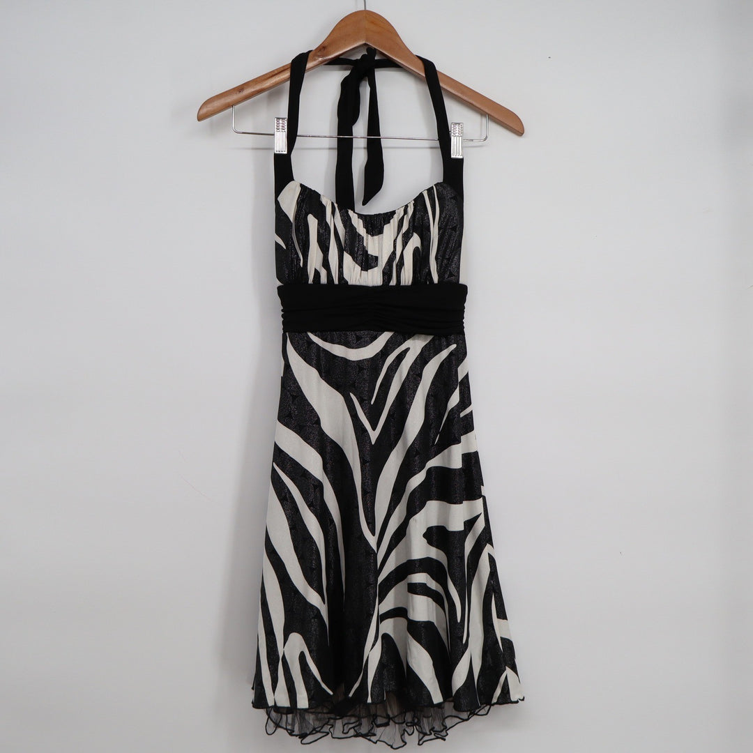 Xtraordinary Zebra Print Halter Dress Black White Glitter Tulle Hem Medium USA