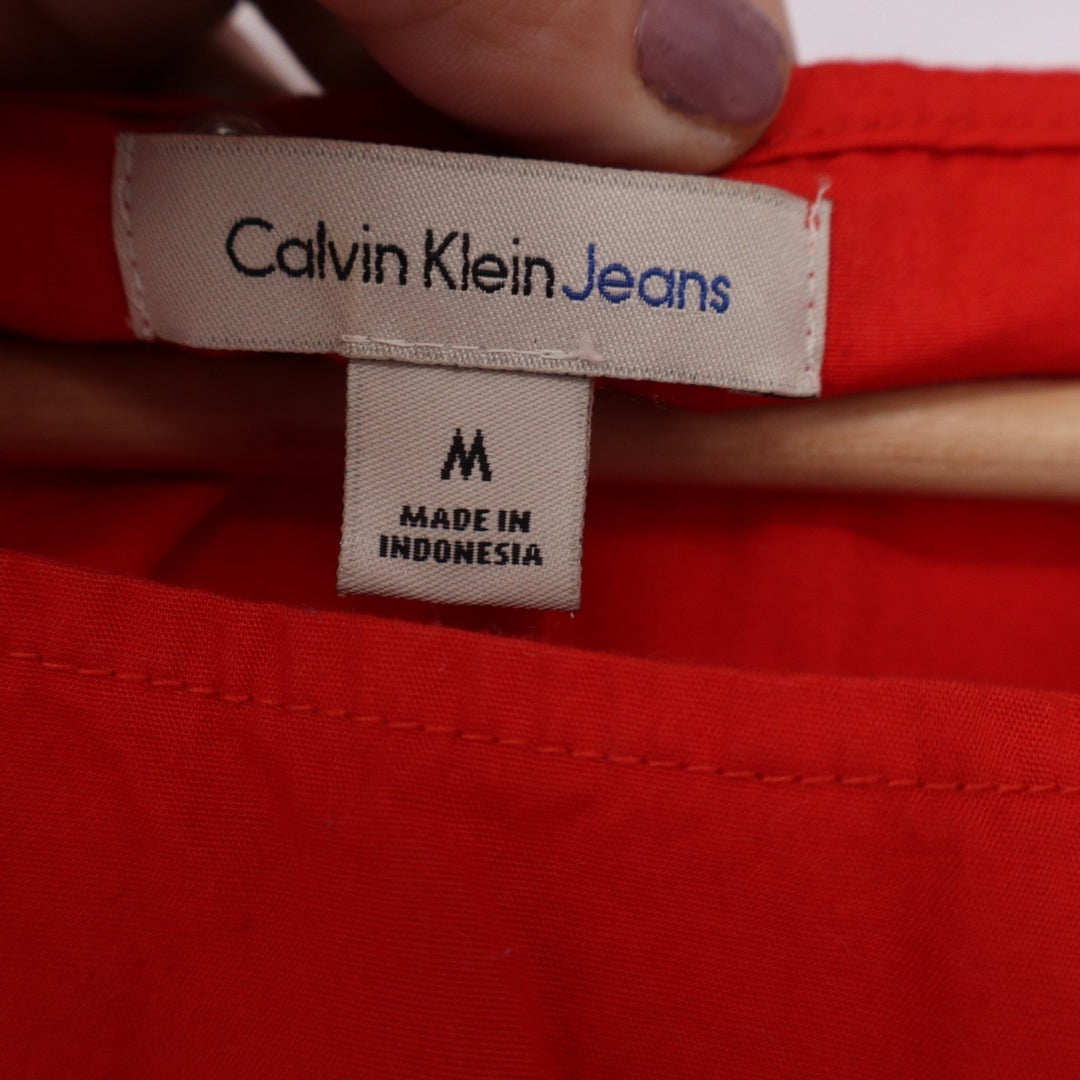 Calvin Klein Jeans Womens Red Ruffle Asymmetrical Short Sleeve Cotton Blouse M