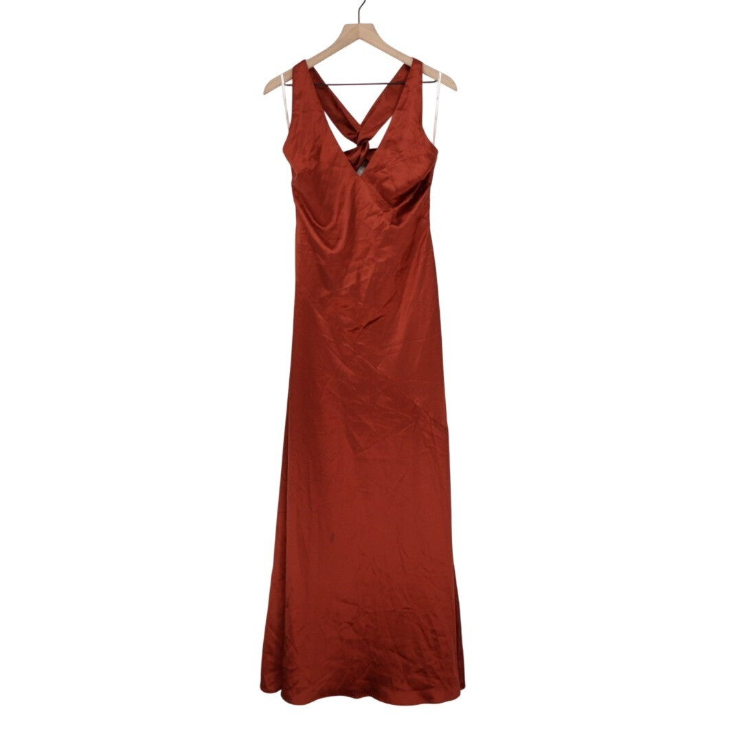 Lulus Purely Elegant Maxi Dress Womens Medium Rust Brown Satin Twist-Back Lined