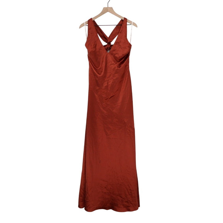 Lulus Purely Elegant Maxi Dress Womens Medium Rust Brown Satin Twist-Back Lined