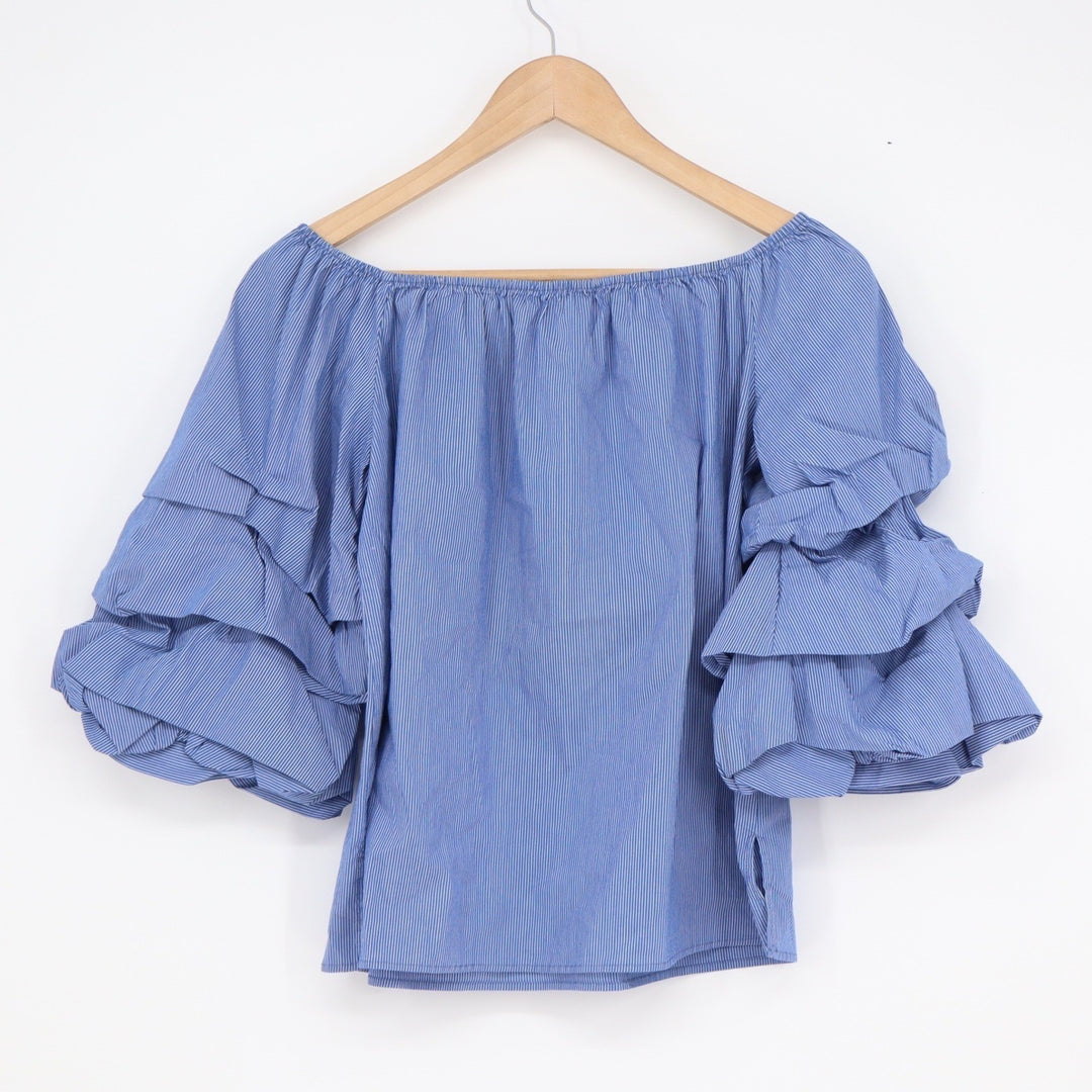 Zara Woman Blue White Pinstripe Off Shoulder Tiered Ruffle Sleeve Blouse XS