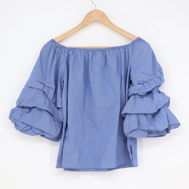 Zara Woman Blue White Pinstripe Off Shoulder Tiered Ruffle Sleeve Blouse XS