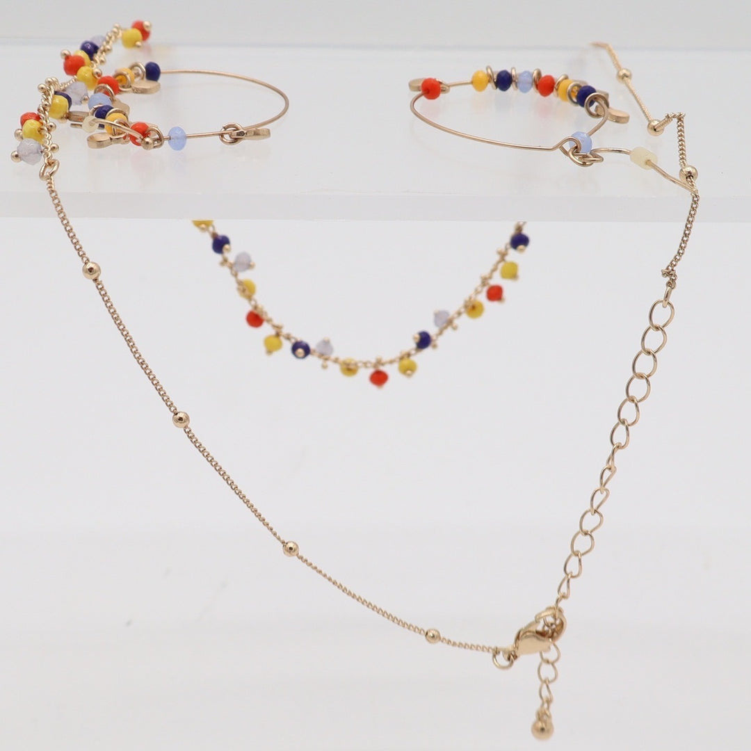 Boho Gold Tone Multi Color Seed Bead Necklace and Hoop Earring Jewelry Set