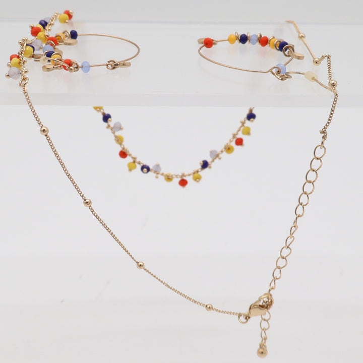 Boho Gold Tone Multi Color Seed Bead Necklace and Hoop Earring Jewelry Set