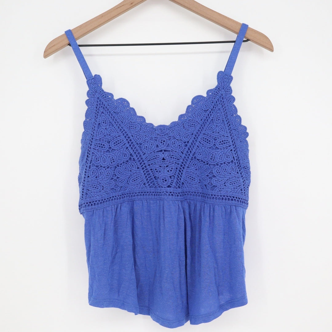 Eyeshadow Blue Crochet Lace Linen Blend Camisole Tank Top Small