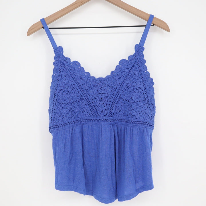 Eyeshadow Blue Crochet Lace Linen Blend Camisole Tank Top Small