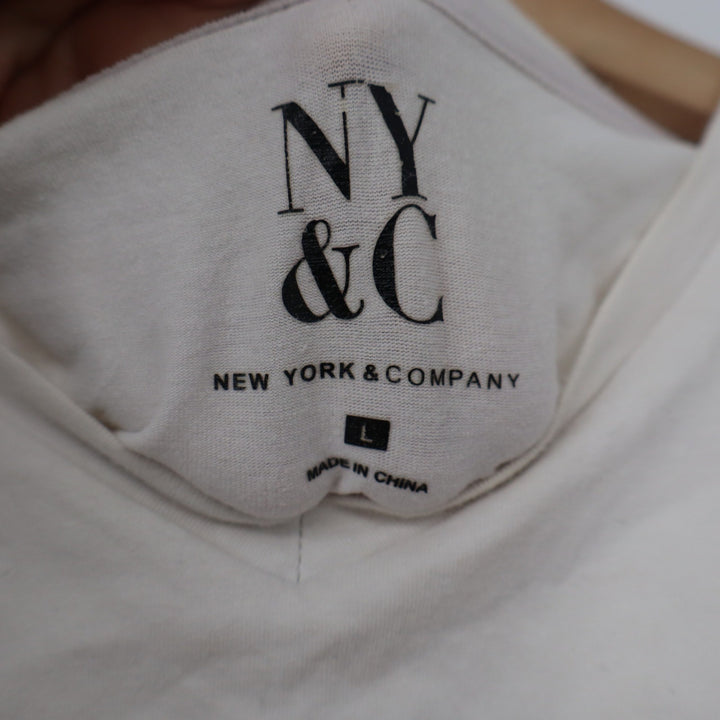 New York & Company Womens Cream Cotton Spandex V-Neck Short Sleeve Tee Shirt L