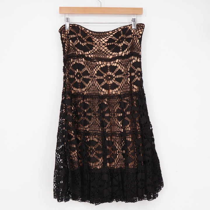 Alberto Makali Black Crochet Lace Strapless Tiered Cocktail Dress Tan Lining 12