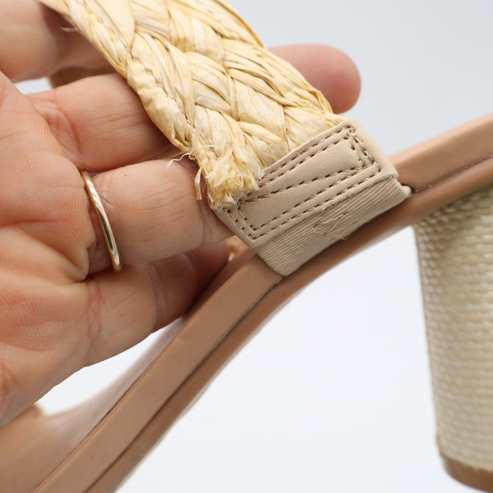 A New Day Braided Raffia Block Heel Mules Beige Square Toe Sandals Womens Size 8