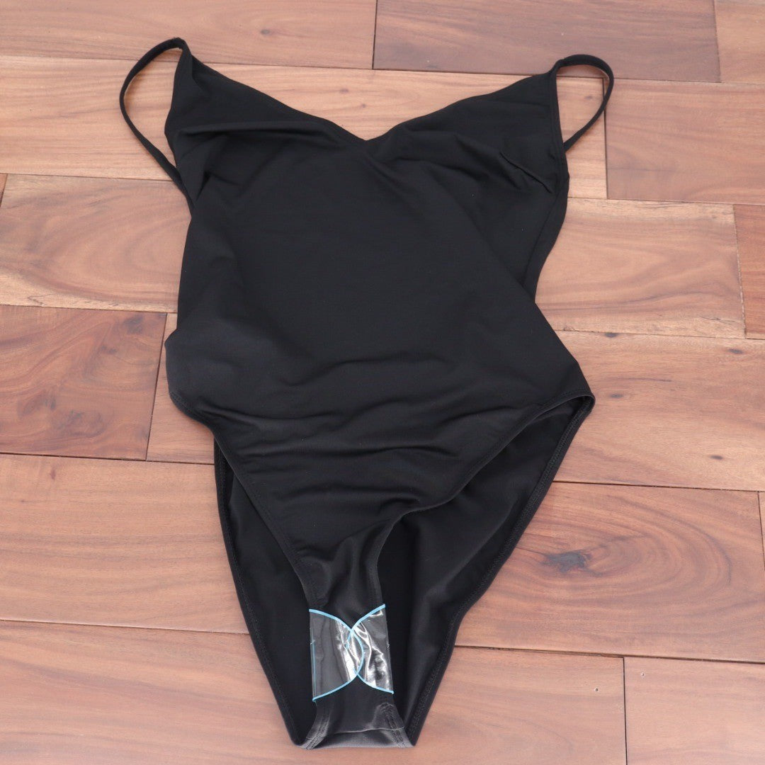 ASOS DESIGN Black V Neck Spaghetti Strap One Piece Swimsuit Bathing Suit