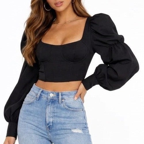 Naked Wardrobe The Statement Black Puff Sleeve Crop Top NWSP20-T19 Small