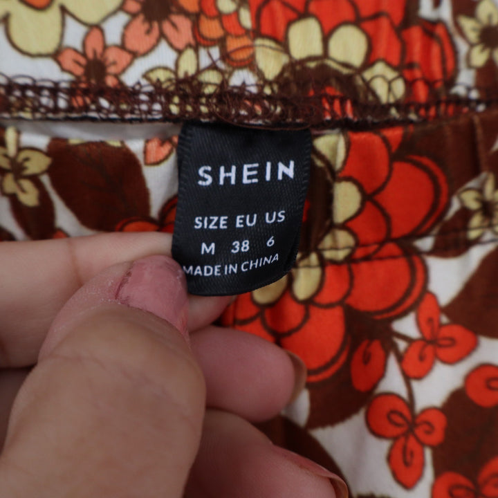 SHEIN Womens Retro Floral Flare Pants Orange Brown 70s Style Size M
