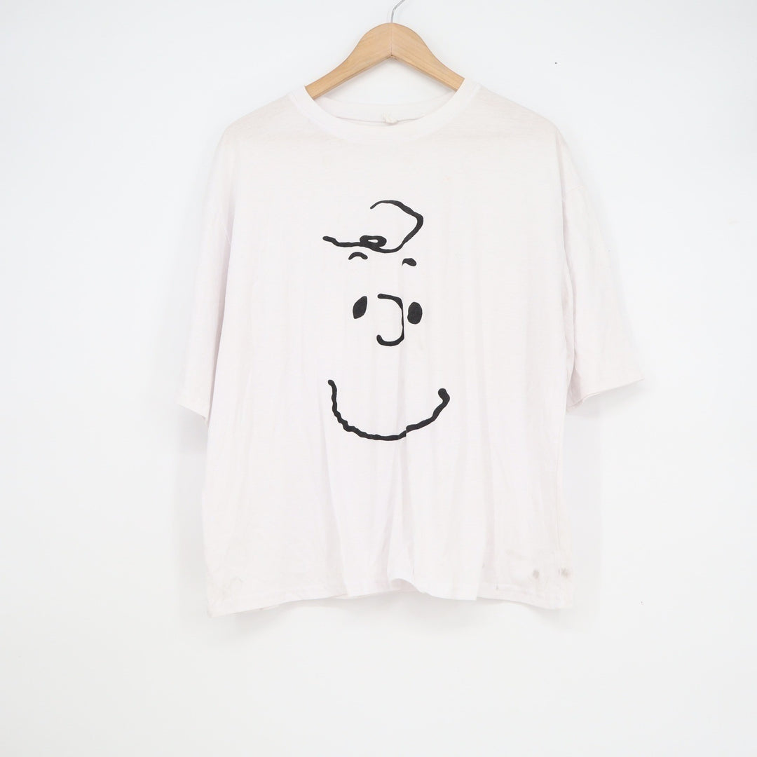 XMZC Charlie Brown Face Graphic T-Shirt White Cotton Short Sleeve Peanuts Men M
