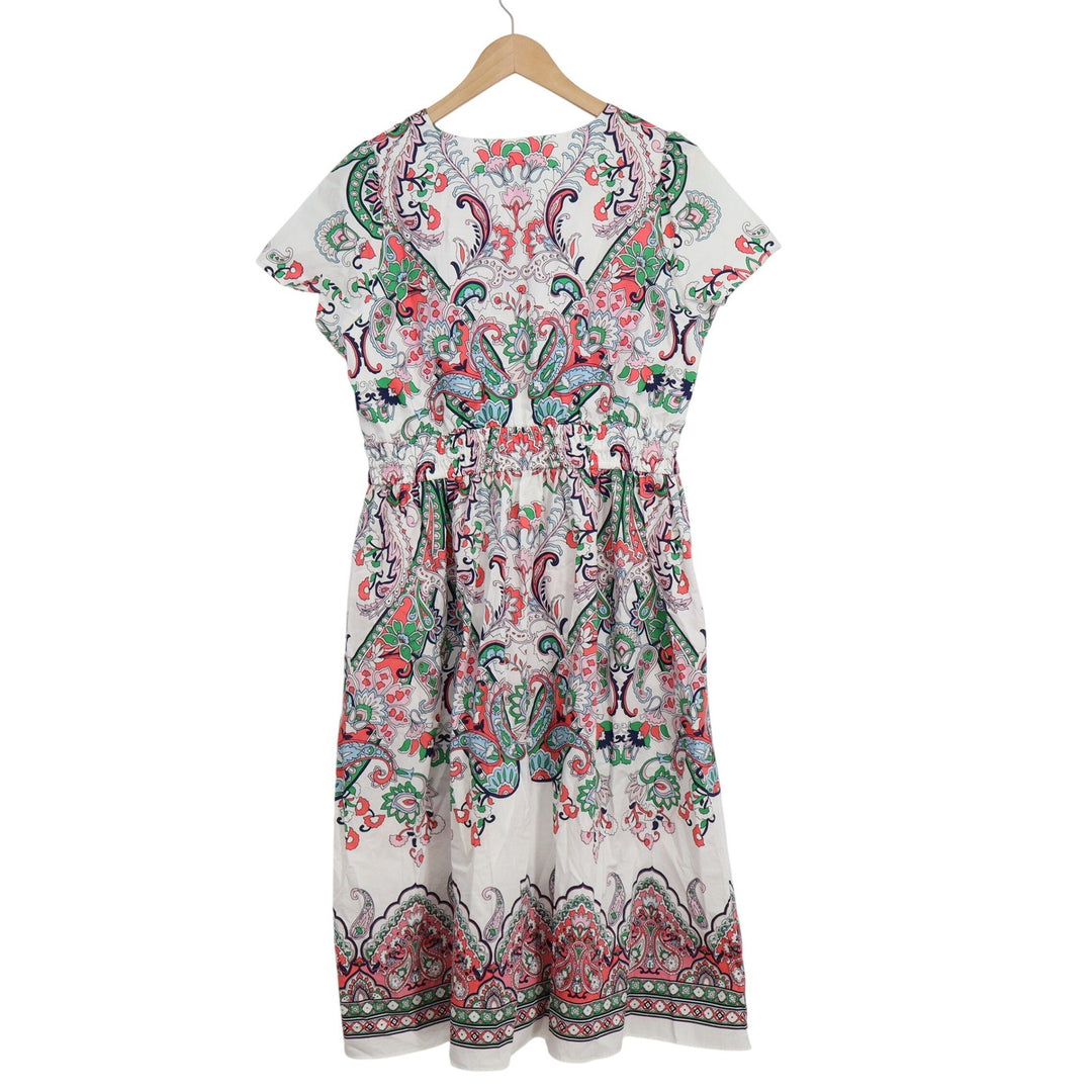 Talbots Petite 12P Cotton Paisley V-Neck Midi Dress Pink Green White