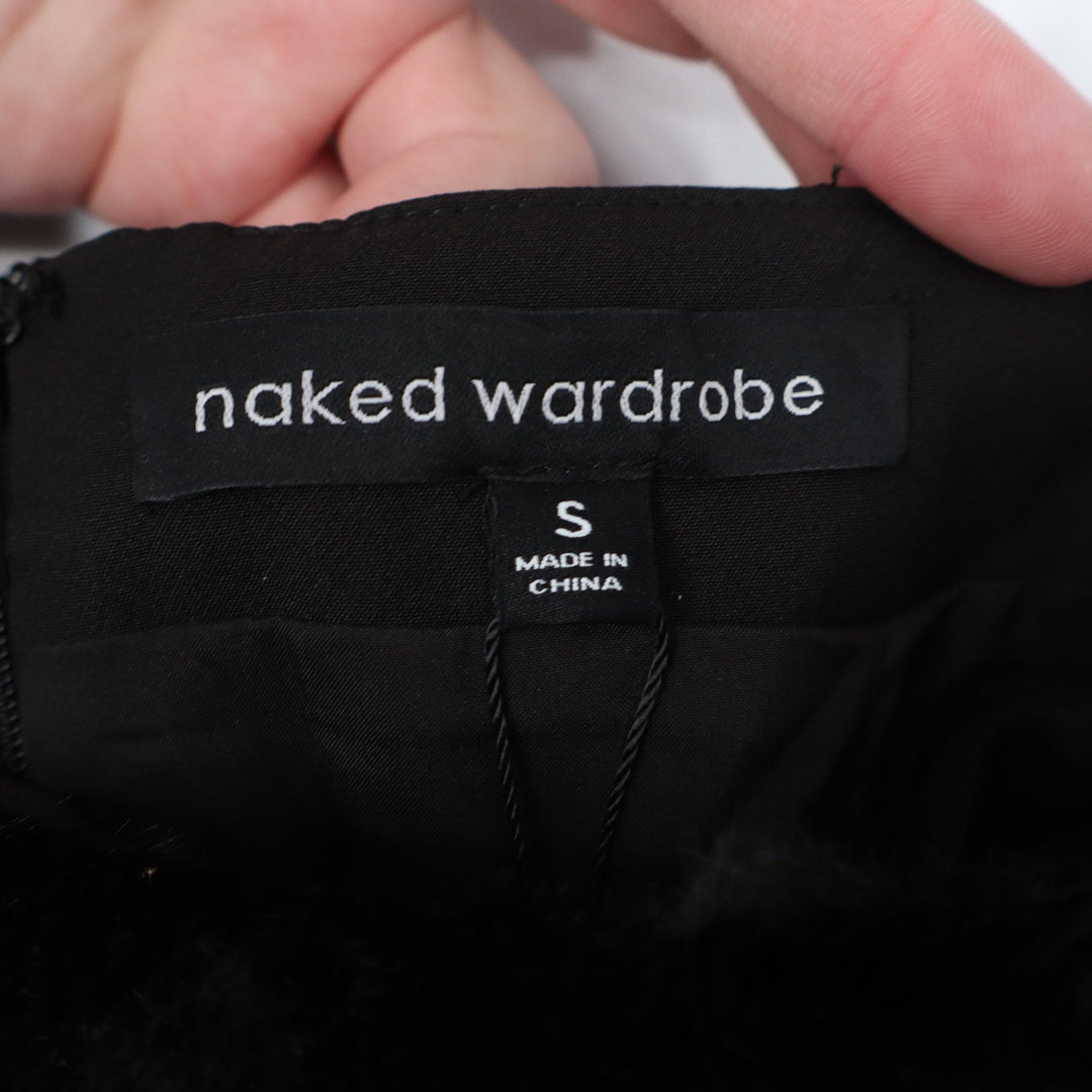 Naked Wardrobe Black Faux Fur Trim Cutout Mini Dress Small