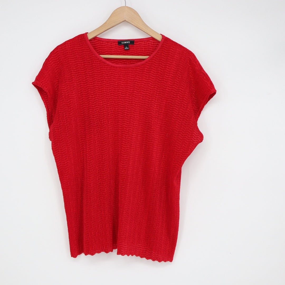 Elementz Red Crinkle Textured Short Sleeve Crew Neck Blouse Top XL
