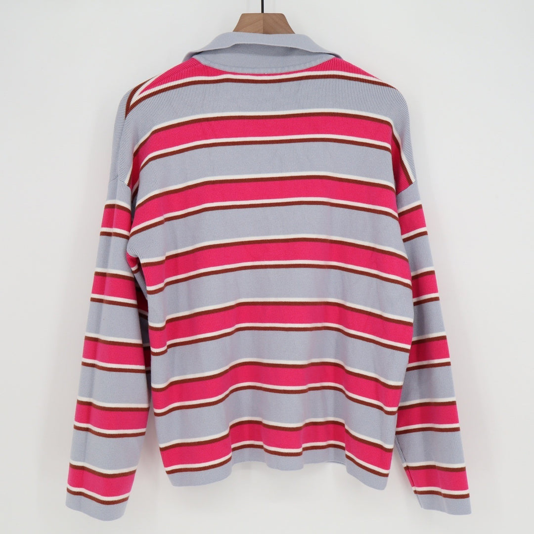Pink Blue Striped Long Sleeve Knit Polo Sweater V-Neck Collar Size L