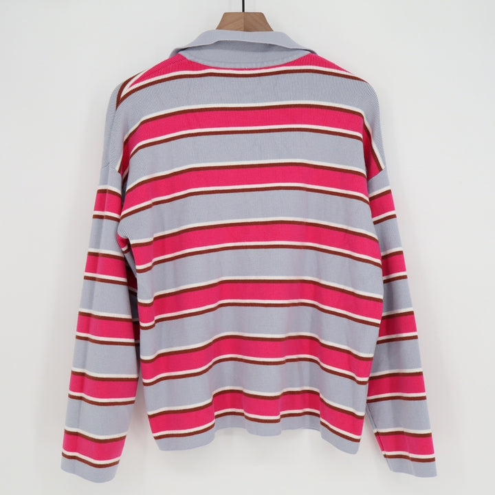Pink Blue Striped Long Sleeve Knit Polo Sweater V-Neck Collar Size L