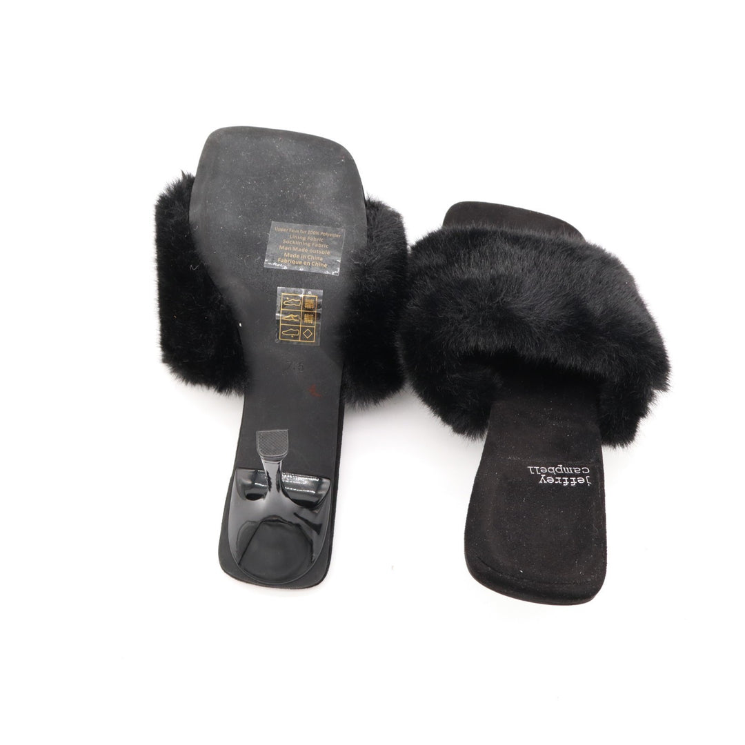 Jeffrey Campbell Utopic Slide Womens US 7.5 Black Faux Fur Stiletto Heel Sandals