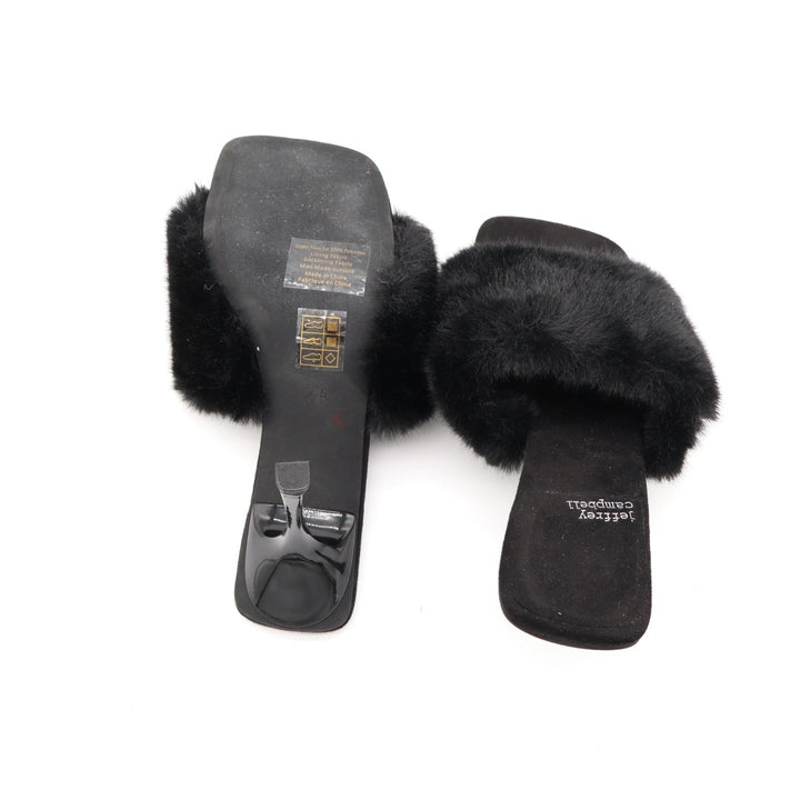 Jeffrey Campbell Utopic Slide Womens US 7.5 Black Faux Fur Stiletto Heel Sandals
