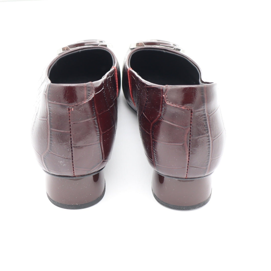 Vero Cuoio Burgundy Croc Embossed Leather Square Toe Buckle Low Block Heel 8