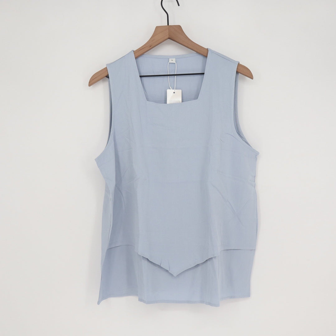 Light Blue Sleeveless Square Neck Layered Hem Blouse Top Large