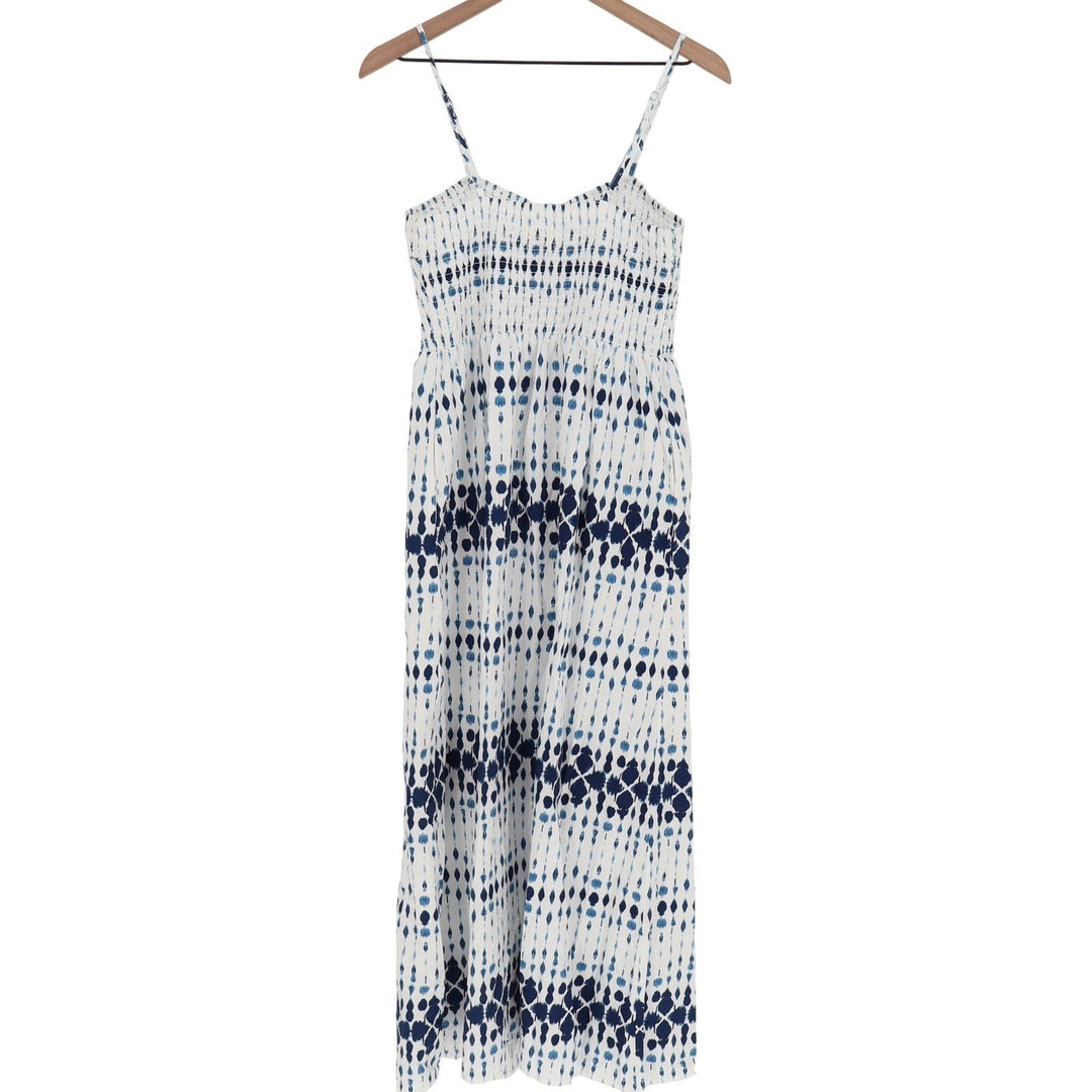 Universal Thread Blue White Ikat Smocked Maxi Dress Medium Cotton Boho Tie Front