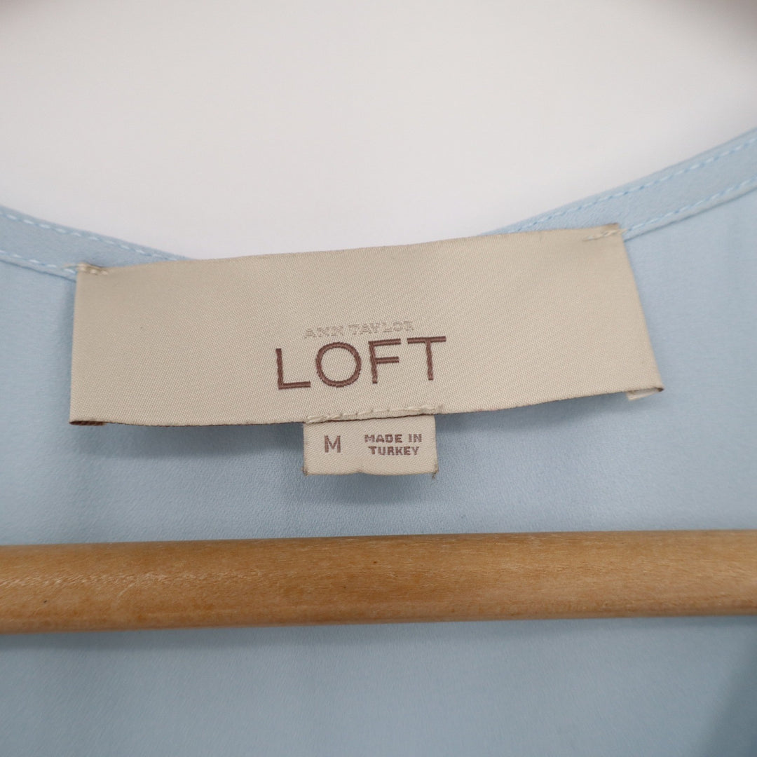 Ann Taylor LOFT Light Blue Sleeveless Mixed Media Split Neck Tie Blouse Medium