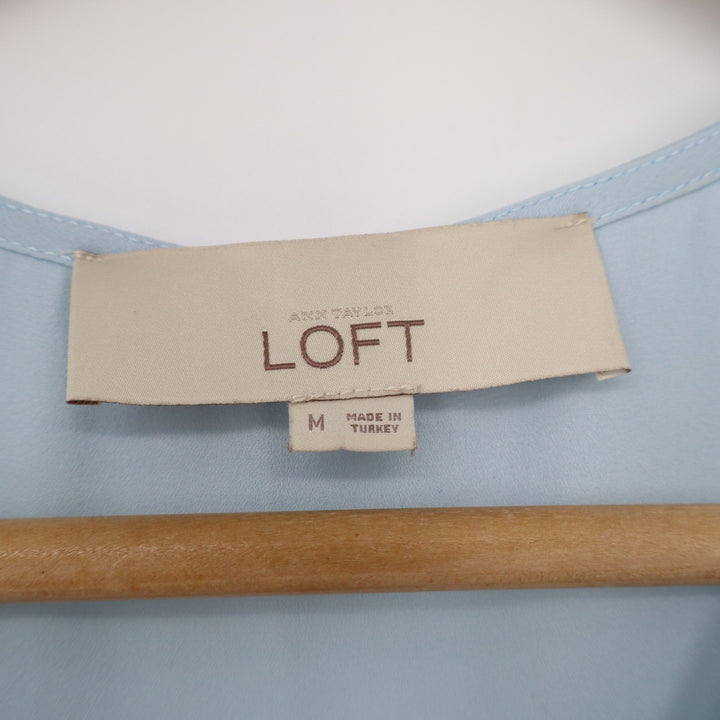 Ann Taylor LOFT Light Blue Sleeveless Mixed Media Split Neck Tie Blouse Medium