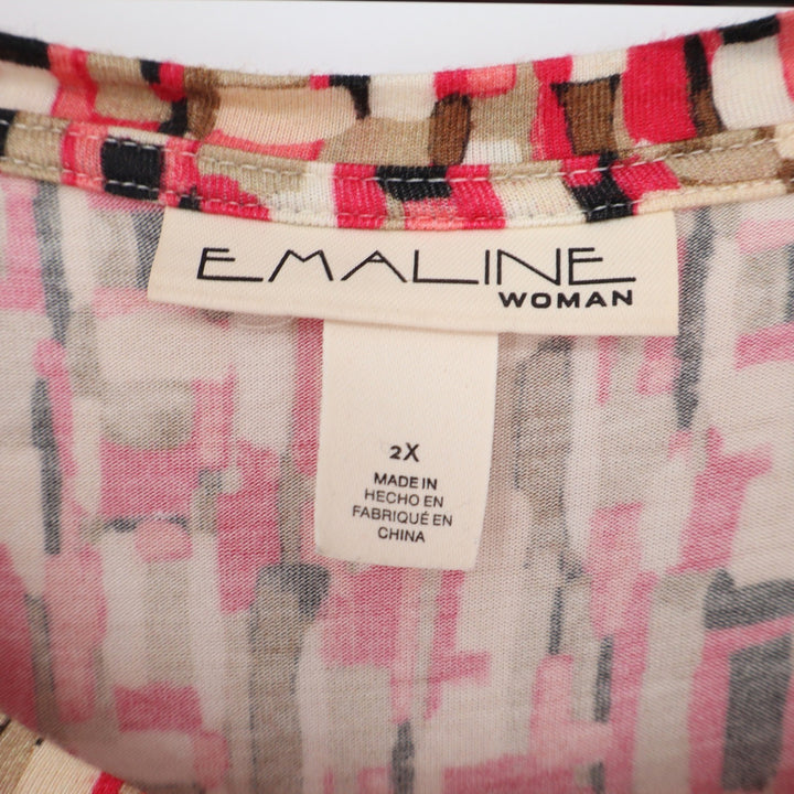 Emaline Top Womens 2X Geometric Abstract Pink Multi Short Sleeve Stretch