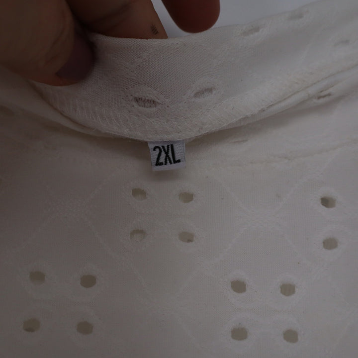 White Eyelet Lace Peplum Top Short Sleeve Ruffle Hem Blouse XXL