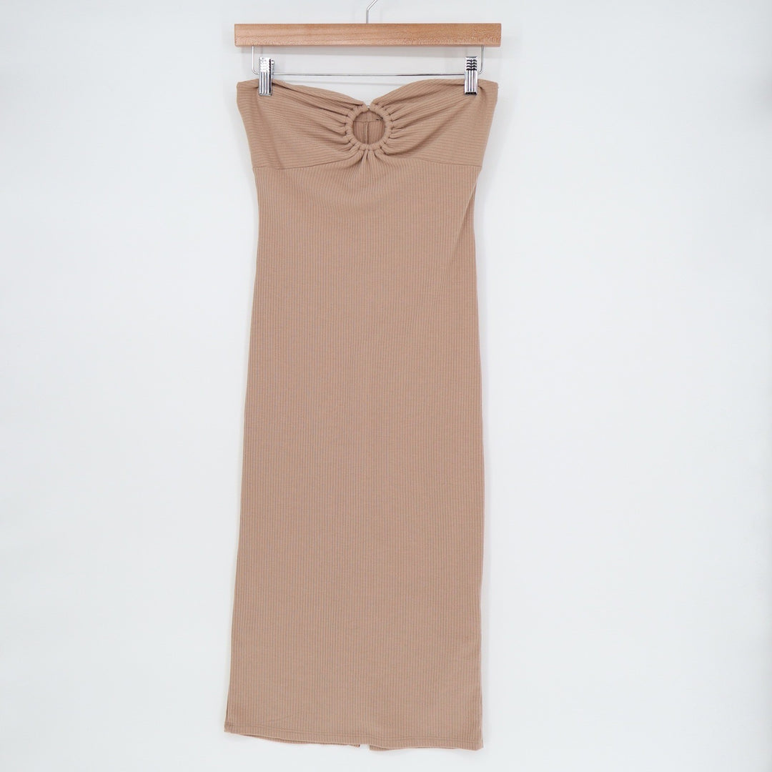 Zara Tan Ribbed Knit O-Ring Strapless Midi Bodycon Tube Dress